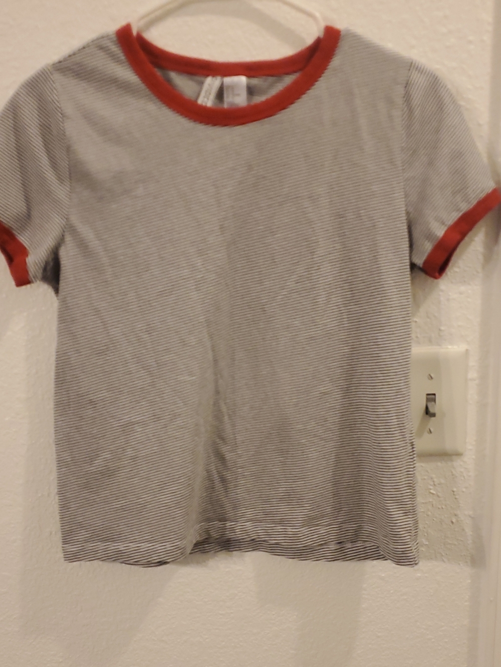 Divided Black & White Micro-Stripe Tee with Red Trim